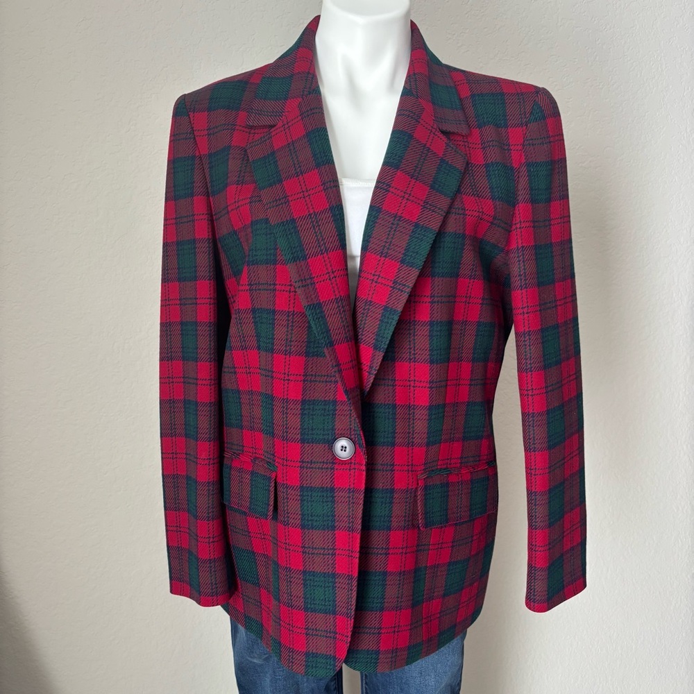 Vintage 90's Pendleton Red Green Plaid 100% Wool Blazer Womens Size 12 Christmas